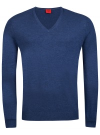 OLYMP Pullover - Regular Fit - V-Ausschnitt - Merinowolle mit Seide - blau