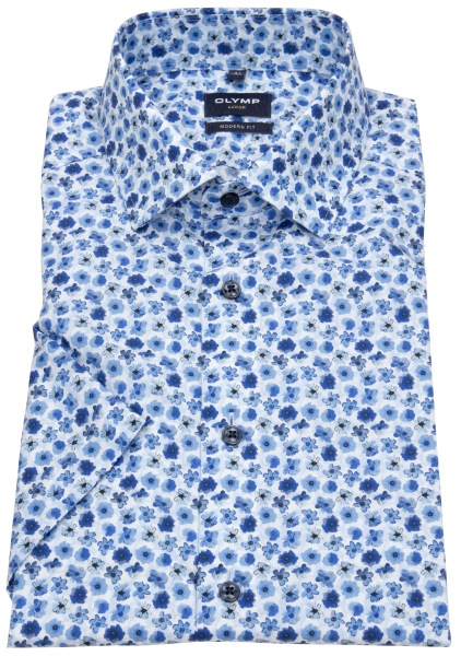 OLYMP Kurzarmhemd - Modern Fit - Floraler Print - blau / weiß - 122352 11 